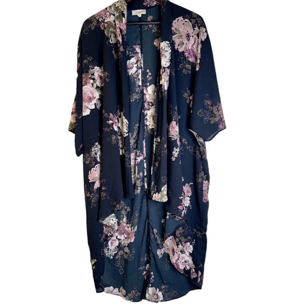 Everly Womens‎ M Navy & Floral Boho Waterfall Open Front Flowy Kimono Cardigan